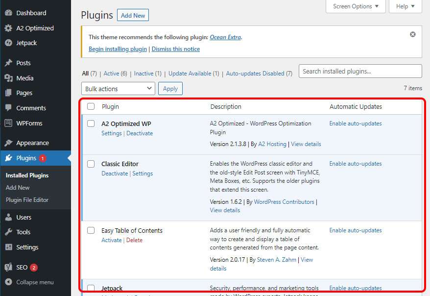 WordPress installed plugins