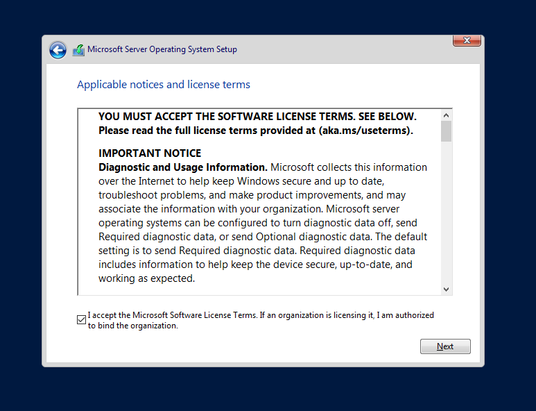 accept term and license in windows server 2022