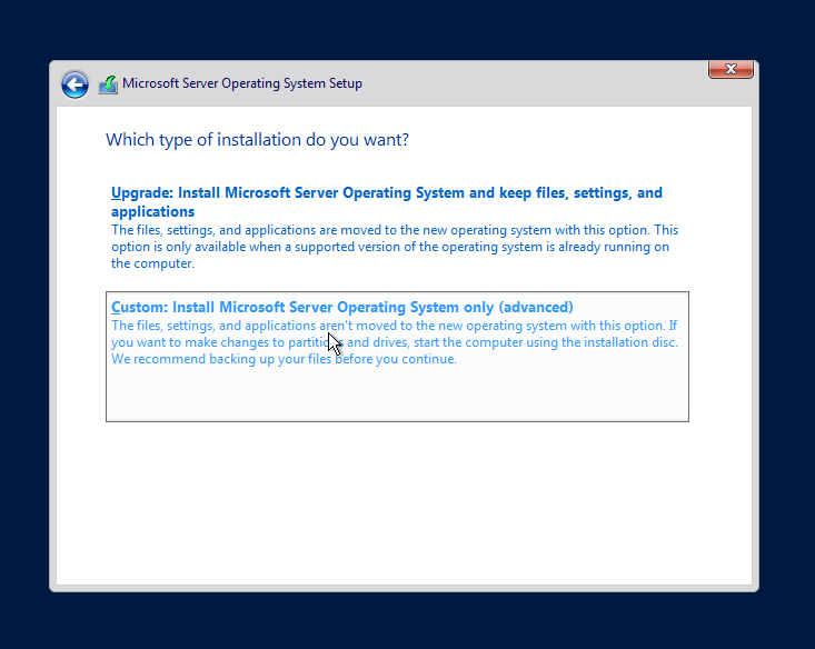 select windows server 2022 installation types